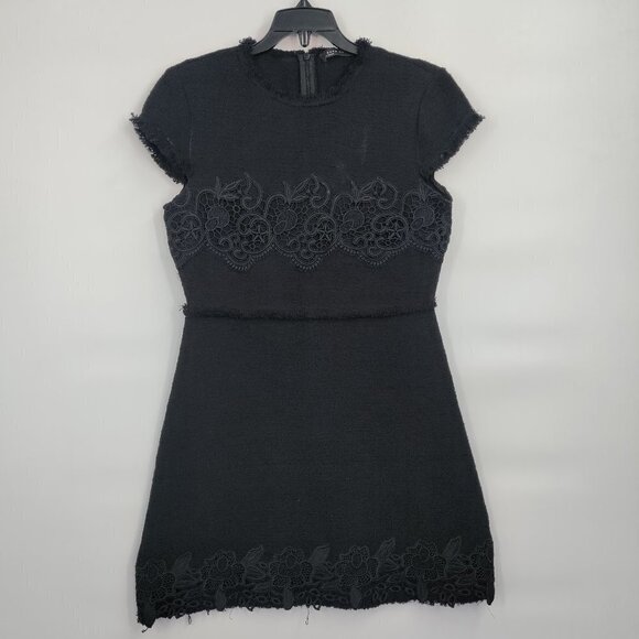 Zara Lace Round Neck Fringe Cap Sleeve  Crepe Mini Dress Medium Black - Picture 1 of 15